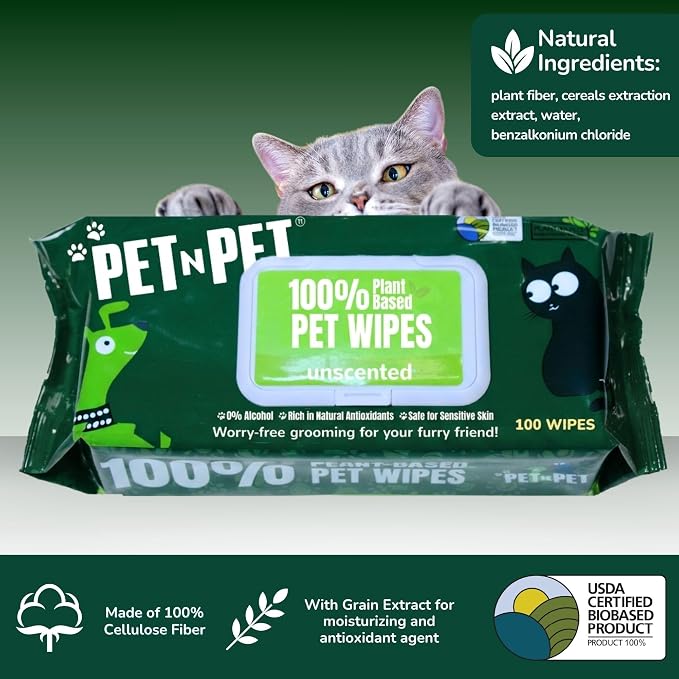 PET N PET 100% Plant Based Dog Wipes for Paws and Butt, 400 Counts Hypoallergenic Unscented Dog Pet Wipes, 8" x 8"