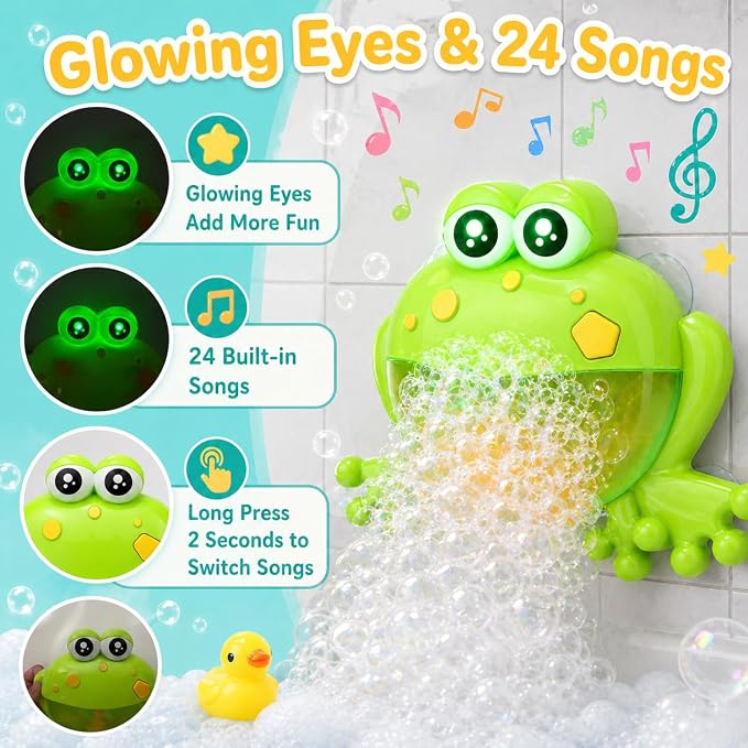 Bath Toys for Toddlers 1-3, LED Light Up Frog Bubble Machine with 24 Songs & Song Switch, Automatic Bubble Maker Blower for Baby Bathtub, Fun Shower Toys for Boys Girls, 18M+