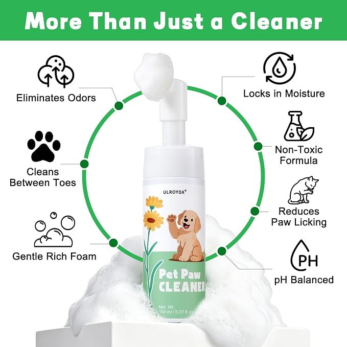 Dog Paw Cleaner No-Rinse Foam, 5-in-1 Paw Washer with Soft Silicone Brush - Removes Mud Dirt & Odor, Moisturizes & Soothes Dry Cracked Paws, pH-Balanced Hypoallergenic for Dogs & Cats, 5.07oz
