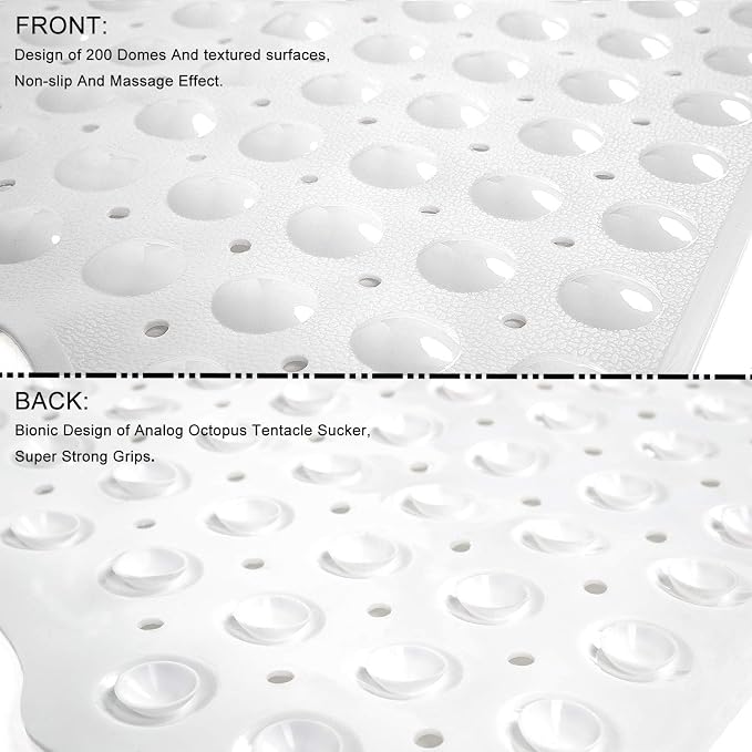 TEESHLY Bath Tub and Shower Mats, Non-Slip 39 x 16 Inch Extra Long Bathtub Mat, Machine Washable BathMat with Drain Holes, Suction Cups for Bathroom (Opaque White)