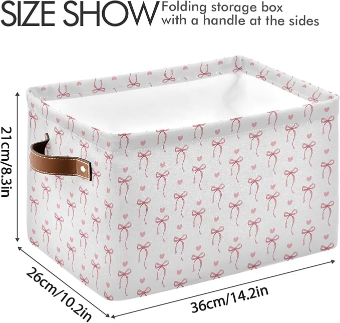 Wamika Pink Ribbon Bow Storage Basket with Waterproof Liner and PU Handles White Bow Tie Cute Storage Bins Boxes 14.2" Collapsible Decorative Organizer Baskets for Bedroom Closet Office 1 Pack