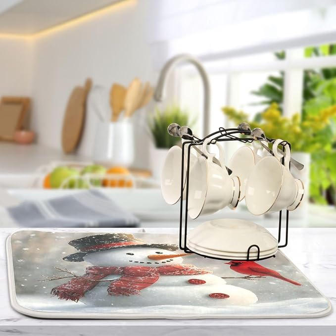 Snowman Cardinal Bird Absorbent Dish Drying Mat, Dishes Drainer Protector Pad Pot Holder for Kitchen 18 x 24 Inch