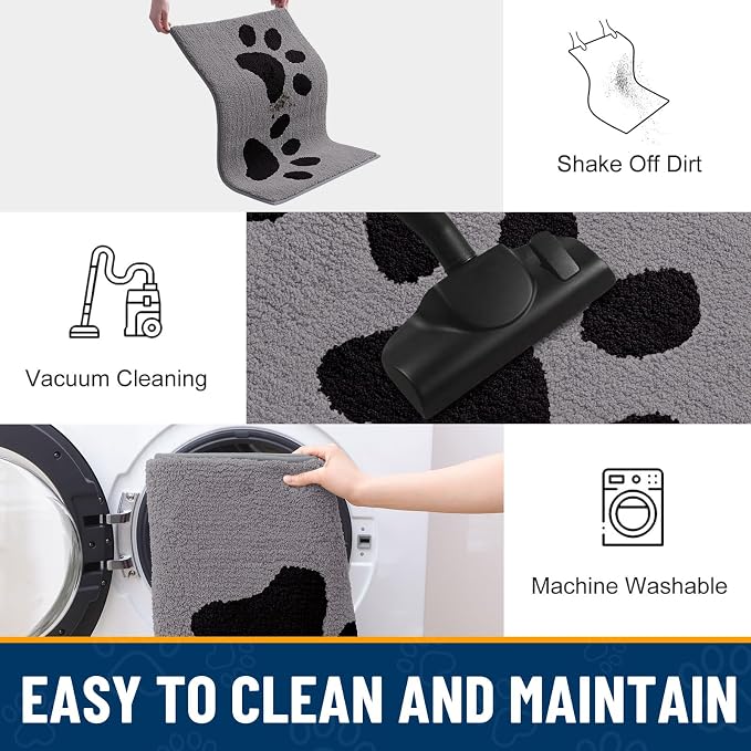 Smiry Dog Door Mat for Muddy Paws, Absorbs Moisture and Dirt, Low-Profile Entryway Mat with Non-Slip Backing, Entry Indoor Outdoor Doormat for Inside Floor (47x24 Inches, Grey, Paw)