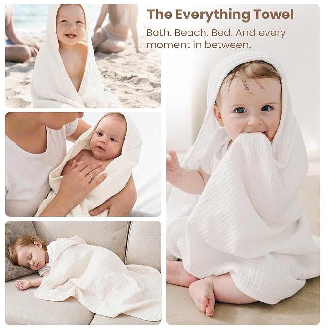 Konssy 2-Pack Muslin Hooded Baby Towels, 100% Cotton, Ultra-Soft & Absorbent Baby Bath Towels with Hood for Newborn & Infant (Camel, Sun,32" x 32")