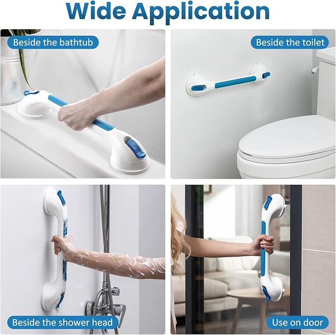 LEVERLOC 2 Pack Shower Grab Bars for Bathtubs and Showers, Easy to Install Suction Shower Handles for Bathroom Removable Handrails for Seniors Elderly Heavy Duty Safety Grip Waterproof Drill Free Blue