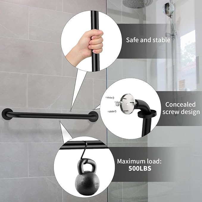 2 Pack 20 Inch Shower Grab Bar Matte Black, ZUEXT Stainless Steel Safety Grab Bar Handle, Bathroom Balance Bar, Safety Hand Rail Support - Handicap, Elderly, Injury, Seniors Assist Bath Handle