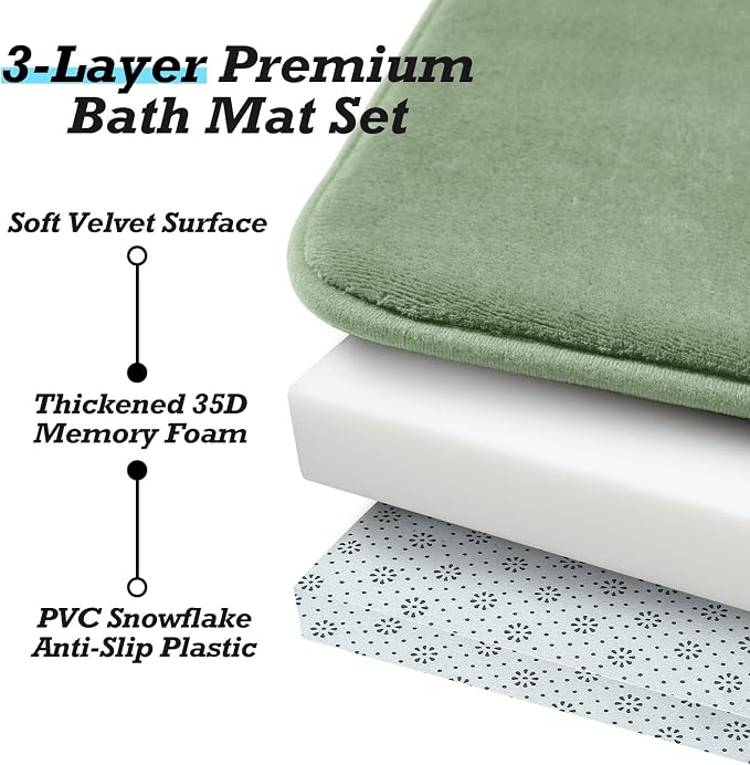 HUXMEYSON Bathroom Rugs Sets 2 Piece, Non-Slip & Quick Dry Bath Mat Set, Ultra Soft Velvet Bath Rugs for Bathroom, Toilet and Shower Floor, Grey Green