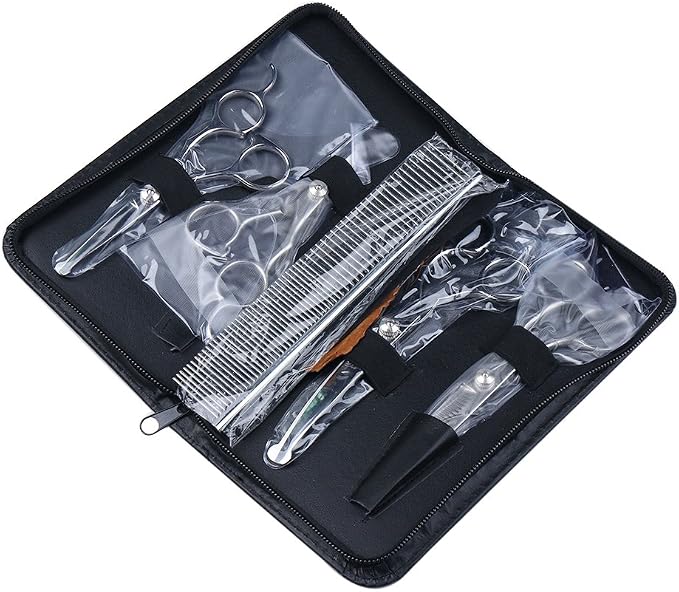 Dog Grooming Scissors Kit with Round Tip, 6 in 1 Cat Dog Scissors, Stainless Steel Pet Grooming Shears, Straight, Curved, Thinning Shears, Comb for Full Body, Face, Nose, Ear & Paw