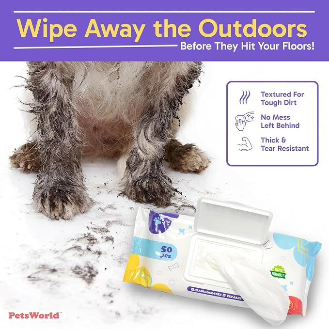 PETSWORLD 3-in-1 Pet Wipes | Hypoallergenic, Unscented & Biodegradable Grooming Wipes for Body, Paws & Butt | Thick, Durable, Daily Use Pet Cleaning Wipes (50 Count)