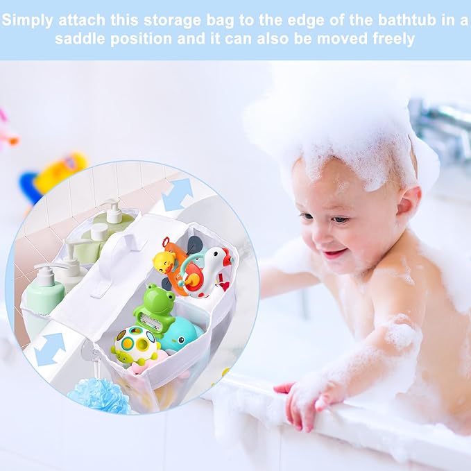 Cerpourt Baby Bath Toys Storage, Saddle Shape 4 Compartment Mesh Bath Toy Organizer, Quick Access Bathtub Toy Holder, Quick Dry Plastic & Polyester Material