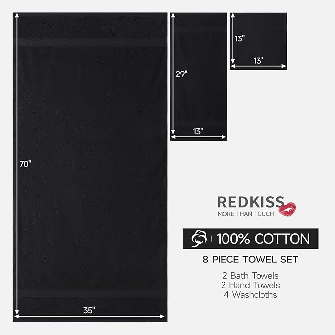 REDKISS 8 Piece Cotton Towel Sets for Bathroom - 2 Oversized Bath Sheets (35x70 in), 2 Hand, 4 Washcloth, Super Soft Quick Dry Highly Absorbent Balck Bath Towel Set for Home Gym Dorm Spa