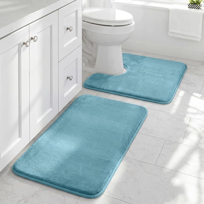 HUXMEYSON Bathroom Rugs Sets 2 Piece, Non-Slip & Quick Dry Bath Mat Set, Ultra Soft Velvet Bath Rugs for Bathroom, Toilet and Shower Floor, Lake Blue