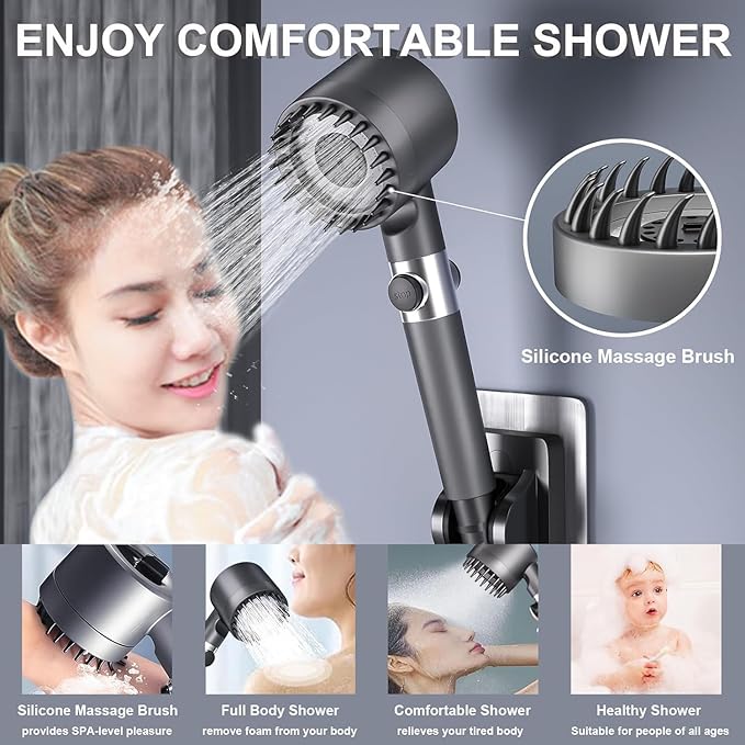 Ion Drops Shower Head, Shower Head High Pressure, Ion Showerhead with Handheld and 3 Filters, 4 Spray Modes & Pause Switch, Silicone Scalp Massager, 59" Hose & Bracket for Hard Water & Pets