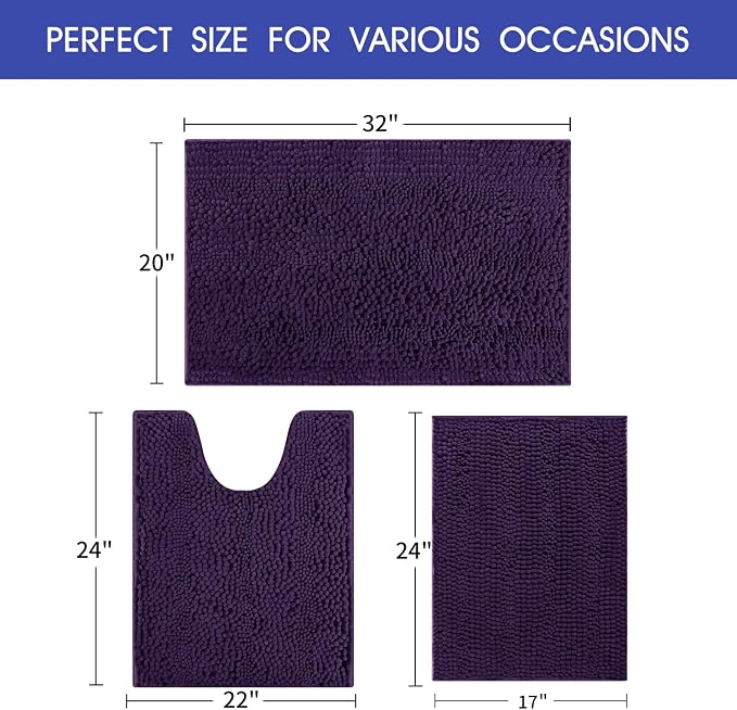 Striped Eggplant Purple Bathroom Rug Set 3 Pieces Ultra Soft, Non Slip Chenille Bath Carpet, Absorbent Plush Shaggy Bath Mats for Bathroom, Toilet, Bedroom, Kitchen