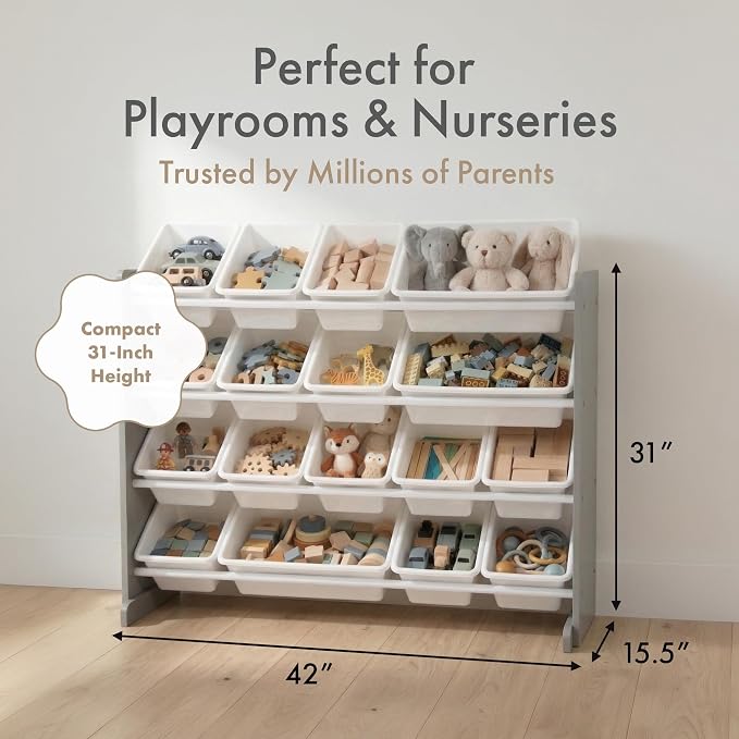 Humble Crew Toy Storage Organizer with 16 Removable Storage Bins for Kids Playroom, 4-Tier Toddler Toy Organization and Storage, Grey/White