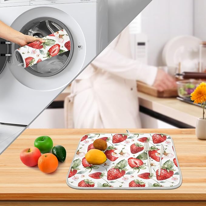 Cute Watercolor Strawberries Dish Drying Mats for Kitchen Counter Large Drying Mat for Dishes Microfiber Dish Rack Mat Drainer Pad Washable Foldable Ultra Absorbent Dry Mat 24"x18"