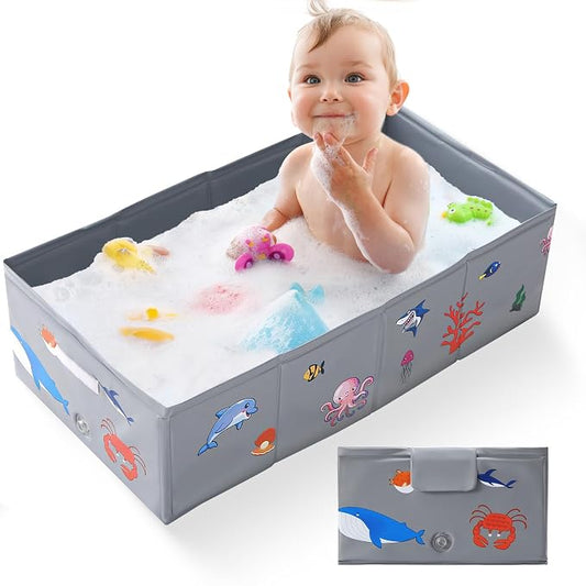 Collapsible Baby Bathtub, Portable Foldable Travel Bath Tub for Infant Toddler, Converts Shower to Tub, No Assembly Folds Flat for Storage, 6M-5 Years, Gray