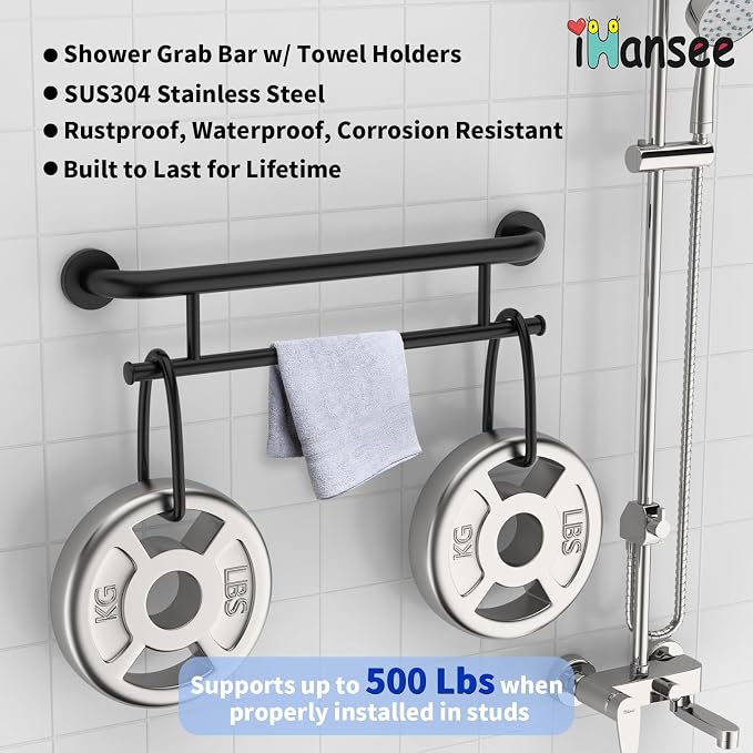 Matte Black Grab Bar 24 Inch w/Towel Holder, iHansee Stainless Steel Towel Rack Shower Support Balanced Support Handle, Wall Mount Safety Handrail Grab Rail for Elderly Senior Handicap Disabled