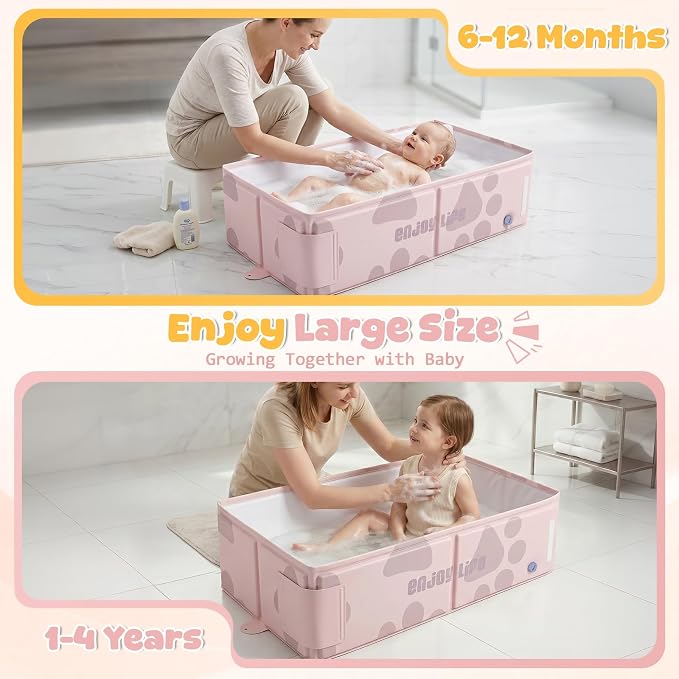 Orzbow Toddler Bathtub with Temperature Sticker, Collapsible Baby Bathtub with Side Drain Plug, Portable Bath Tub for Infant 6 Months+, Easy to Clean, Stable & Durable, Folds to Store, Pink