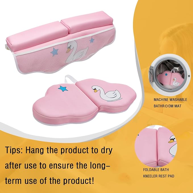 Bath Kneeler and Elbow Rest Pad Set, Bathtub Kneeling Pad with Elbow Support and Storage Pockets, Baby Bath Support Non-Slip, Machine Washable, Quick Drying for Comfortable Baby Bathing (Pink)