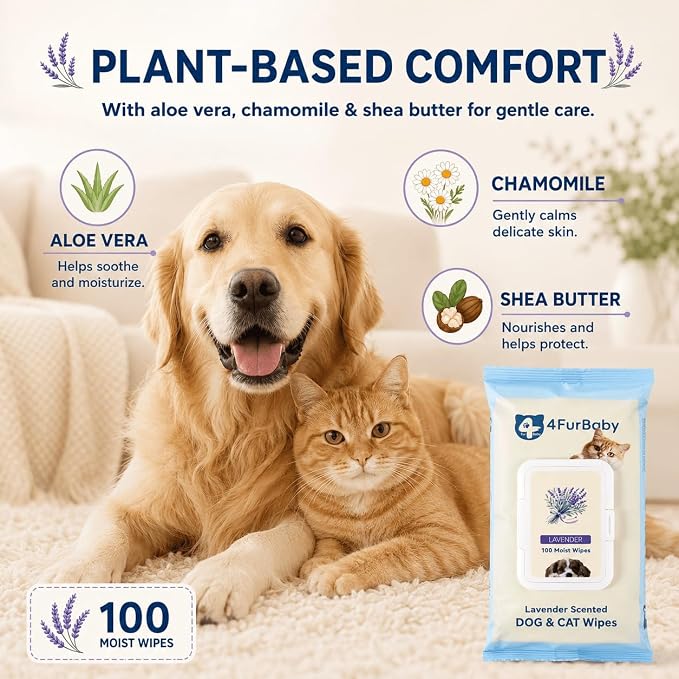 Dog Grooming Wipes for Paws and Butt, Lavender,100 Count | 8" x 8" hypoallergenic wipes with hydrating formula for cleaning, deodorizing, and daily pet grooming