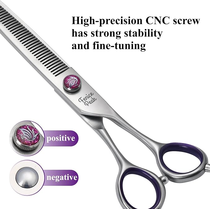 7'' Thinning Dog Grooming Scissors with Purple Finger Rings and Flashing Screw Professional 440C Stainless Steel Natural Color Pet Thinning Shears with Offset Handle Durable and Sharp