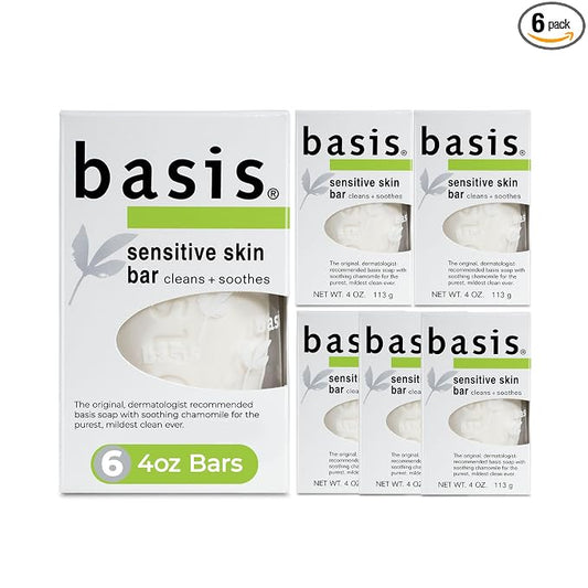 Basis Sensitive Skin Bar Soap for Body, Hands and Face, Unscented Soap Bar for Sensitive Skin with Chamomile and Aloe Vera, Bar Soap Bulk Pack, 4 Oz Bar, Pack of 6