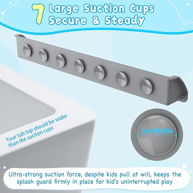 3 Ft Bathtub Splash Guard for Tub Kids, Bath Tub Toy Holder Storage Play Shelf, Longer Silicone Water Splash Guard for Bathtub with Strong Suction Cups, No Mess Water Spill in Bathroom, Grey