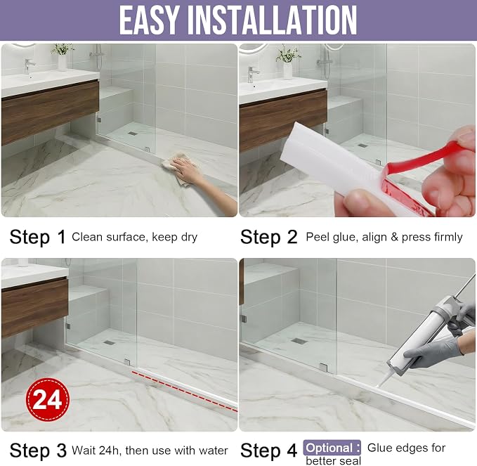 Shower Threshold Water Dam Barrier - Versatile, Silicone Shower Water Guard Stopper Seal Strip for Bathroom Floor, Bathtub Rim, Kitchen Countertop (White, 98 In/ 2.5M)