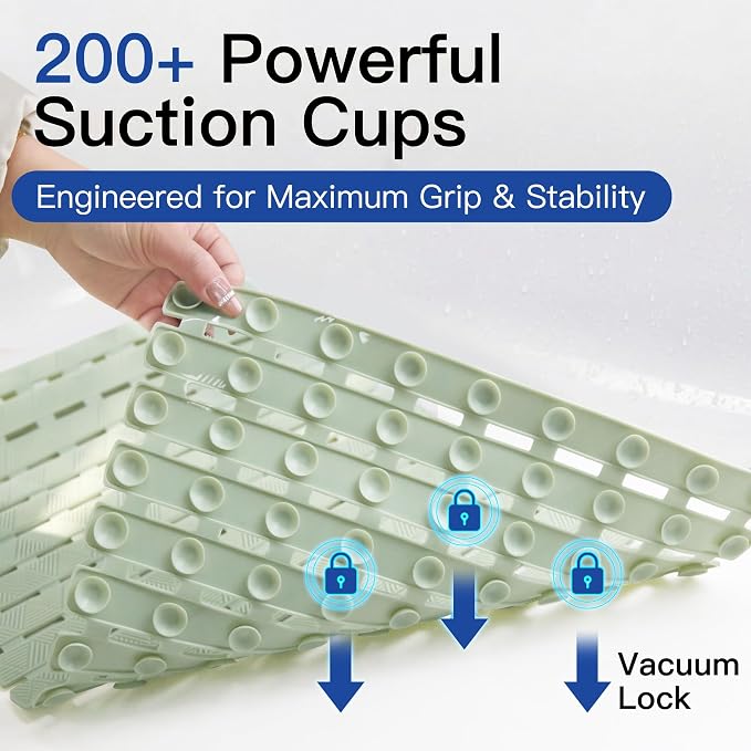 Non Slip Bathtub Mat - Shower Mats for Inside Shower, Rectangular PVC Tub Mat with 200+ Suction Cups for Safety, Sage Green