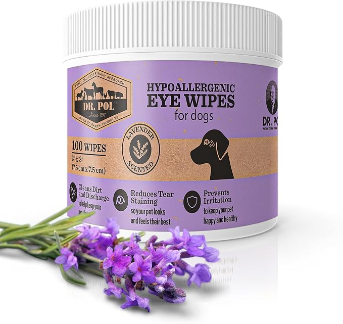 Dr. Pol Pet Eye Wipes for Dogs – Tear Stain Remover & Eye Discharge Cleaner – Hypoallergenic Grooming Wipes, 100 Count – Lightly Scented