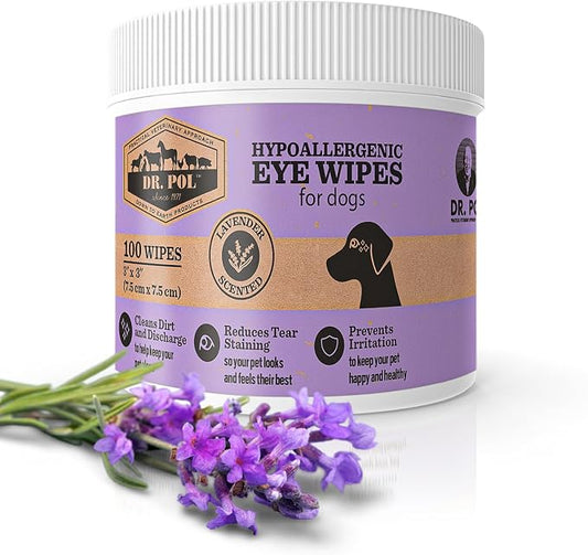 Dr. Pol Pet Eye Wipes for Dogs – Tear Stain Remover & Eye Discharge Cleaner – Hypoallergenic Grooming Wipes, 100 Count – Lightly Scented