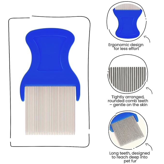 MEDUWEDU 5 Pack Flea & Lice Comb Set for Cats, Dogs & Kids – Stainless Steel Fine Tooth Nit Comb Kit with Double-Sided Tear Stain Remover, Grooming Brush & Peine para Piojos for Thick Hair (Blue)