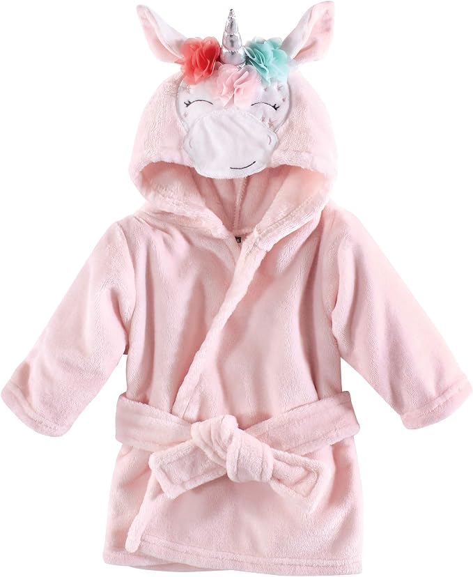 Hudson Baby Unisex Baby Plush Animal Face Bathrobe, Blue Whimsical Unicorn, 0-9 Months