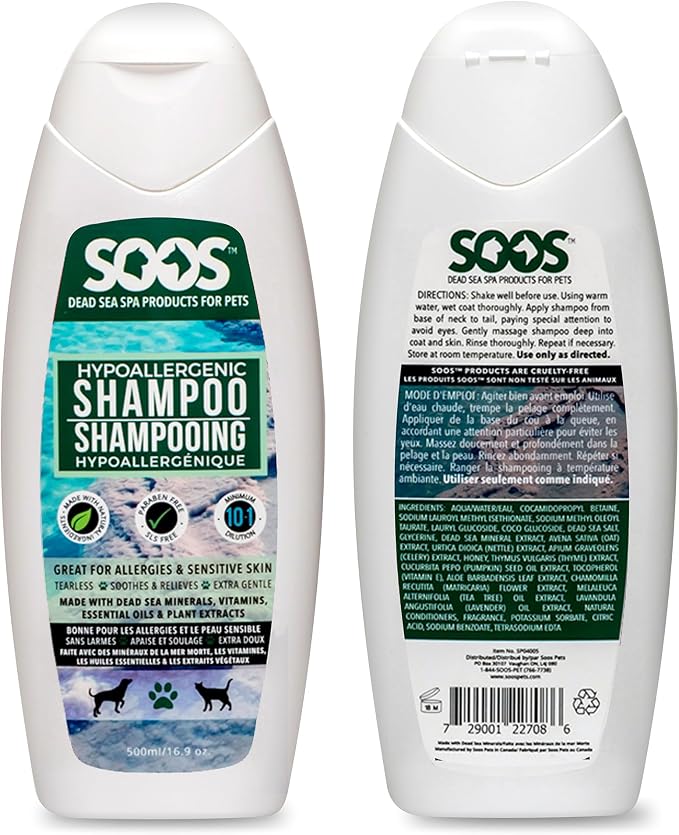 Soos Pet Dog Shampoo for Cats and Pets Hypoaller-genic Natural Dead Sea Minerals Fast Absorbing with Vitamins Essential Oils Natural Elements Antiba-cterial - 1x Pet Shampoo (500ml)