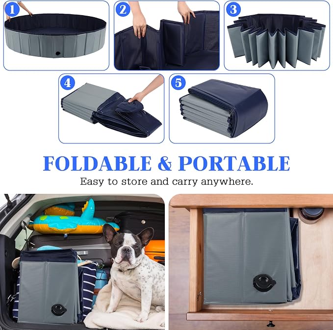 Eooqi Foldable Dog Pool, Portable Pet Bath Tub and Kiddie Swimming Pool, Collapsible Bathtub for Puppies, Small, Medium and Large Dogs, Cats and Kids, 48 x 12 in, Gray