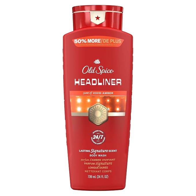 Old Spice Body Wash for Men, 24/7 Shower Fresh & Clean with Daily Use, Lasting Signature Scent, Refreshing Lather, Moisturizing Formula, Headliner with Black Currant, Leather, & Amber Scent, 24 oz