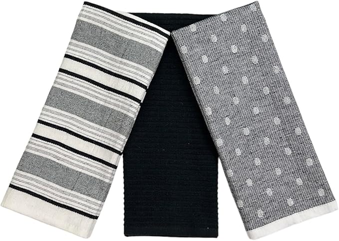 Black White Kitchen Hand Dish Towels: Oversized 28" x 16",100% Cotton Cloth Soft Cleaning Drying Absorbent Striped Solid Polka Dot Design, Set of 3 Multipurpose for Everyday Use (Black Austin)