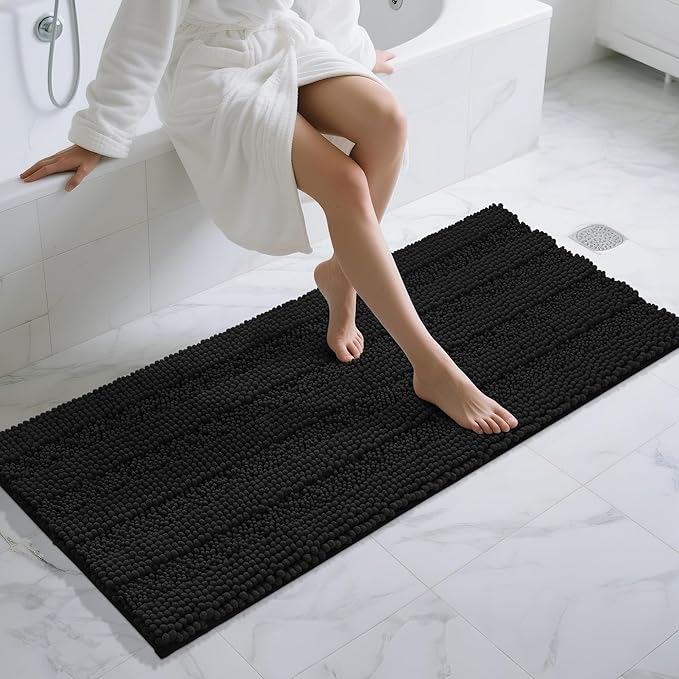 Yimobra Bathroom Runner Rugs 60"x24", Non Slip and Absorbent Bath Mat, Super Soft Water Absorbent Hallway Carpet, Machine Washable Rug for Vanity Tub Shower, Black