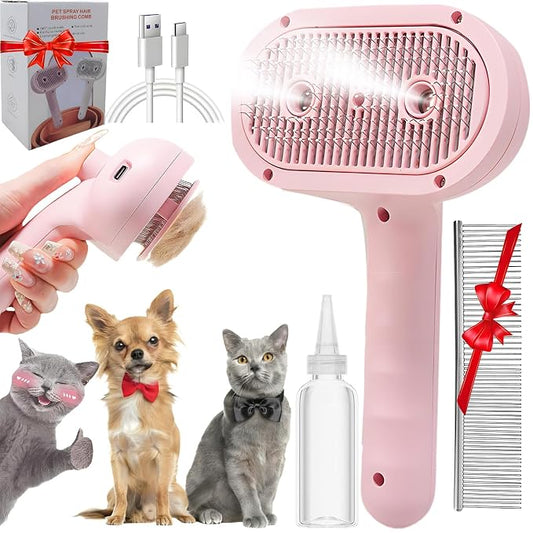 Pet Steam Brush for Cat & Dog, 2-Hole Double Spray, 3-in-1 Cat Steam Brush,Pet Spray Comb with Shedding Massaging Grooming Self-Cleaning Release Button for Long & Short Haired Pets(Pink)