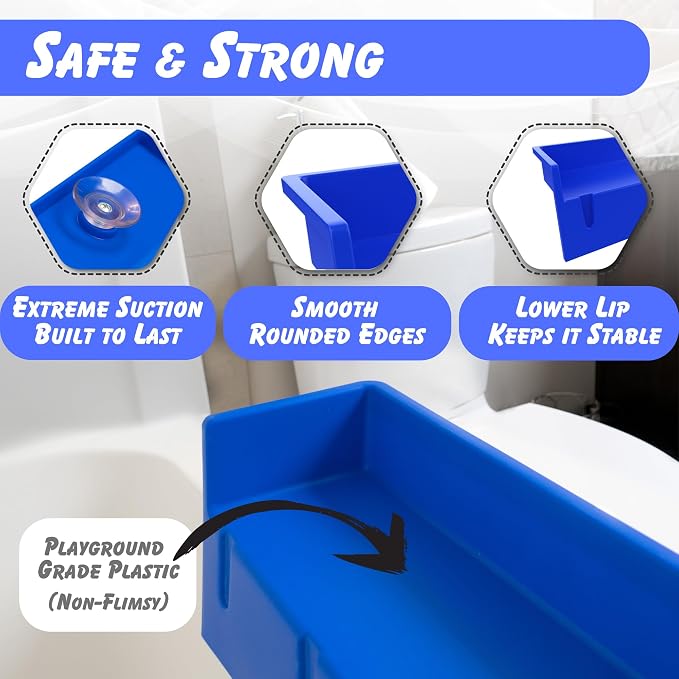 Tub Topper Kids Bathtub Splash Guard, Shelf & Toddler Bath Toy Tray - Blue | Toddler Bath Tray & Ledge Organizer, Strong Suction Cups, Patented Lip Design, Kids Bathroom Accessory Storage, Made in USA