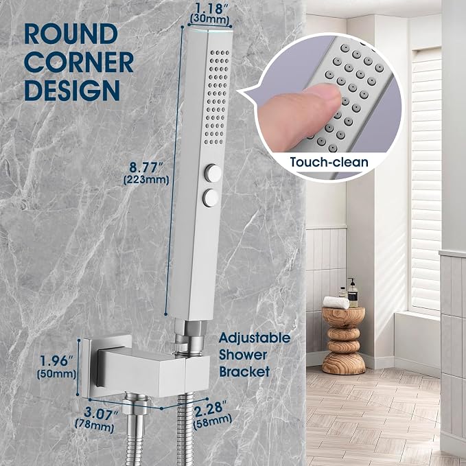 All-Metal High Pressure Square Handheld Shower Head with Jet Spray and Rainfall Modes, Volume Control Regulator, ON/OFF Switch, Hose and Wall Mounted Adjustable Bracket (Brushed Nickel)