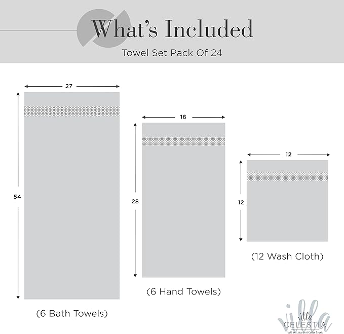 24-Piece 100% Cotton Towel Set, 6 Bath Towels, 6 Hand Towels, 12 Wash Cloth, Quick-Dry, Grey