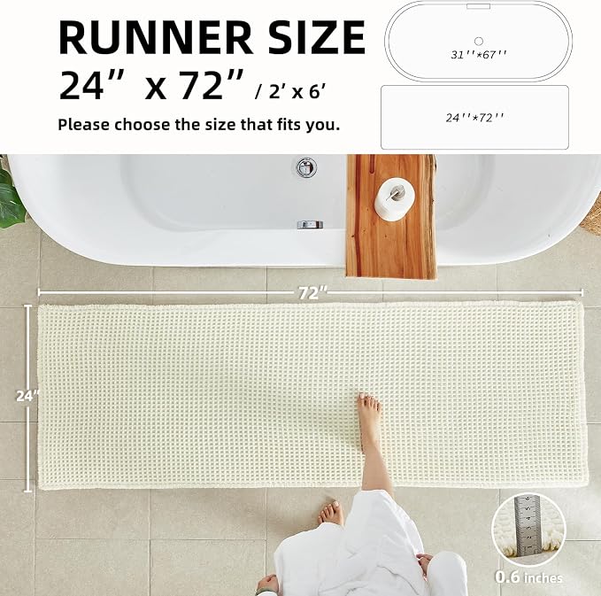 TYUU Cream White Long Bathroom Rugs, Waffle Runner Rug Bathroom Non Slip Washable Super Absorbent Quick Dry Boho Farmhouse Bath Mat, 72"x24" Cream White