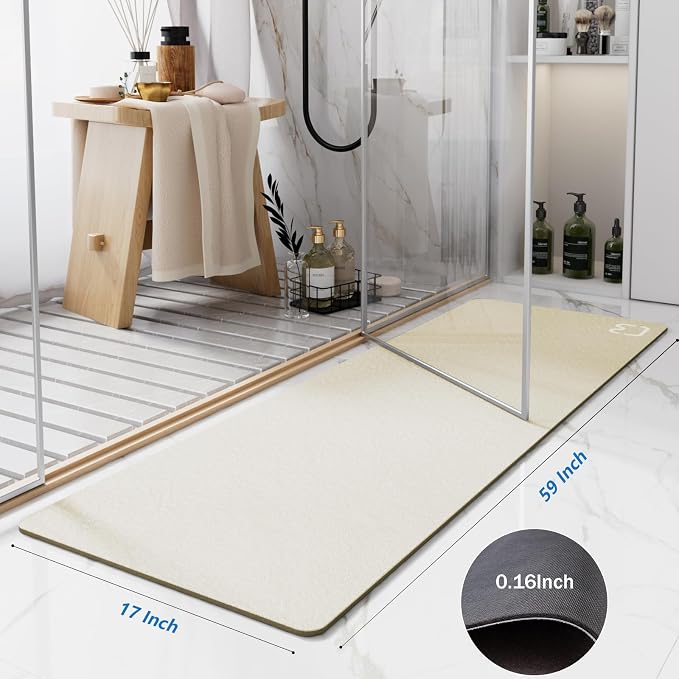 RUERYA Beige Bath Mat 17" x 59" Extra Long Bathroom Mat Large Fast Dry Super Absorbent Non-Slip Rubber Backed Shower Mat Bath Rugs Mats for Bathroom Floor, Tub, Shower, Sink
