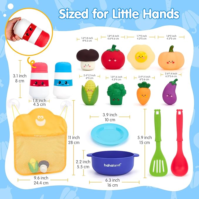 hahaland Color Changing Bath Toys for Toddlers 1-3, Bath Soup Kitchen Playset for 12M+, No-Hole Mold-Free Bathtub Toy for 1 Year Old, Pretend Cooking Set with 15 PCS Veggies, Pot, Spoon, Mesh Bag