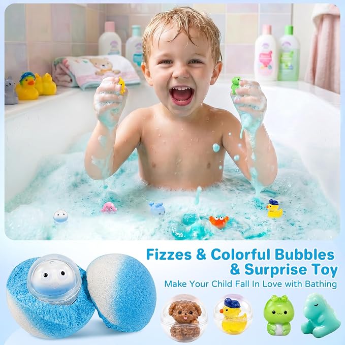 Bath Bombs for Kids with Surprise Inside, 24 Pack Kids Bath Bombs with Toys Inside Gift Set, Kid Bubble Bath Fizzy for Girls Boys with Bath Toys (Blue Edition)