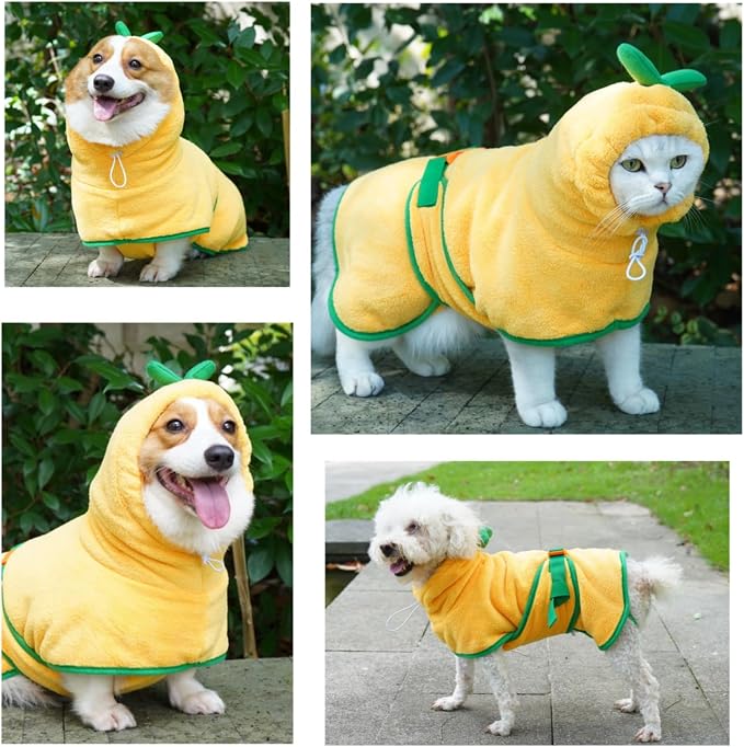 Pet Bathrobe for Dog Cat Absorbently Quick Drying Coat Cute Dogs Bath Towel Hooded Robe Adjustable Collar & Belly Strap for Pool Beach (Yellow, Medium)