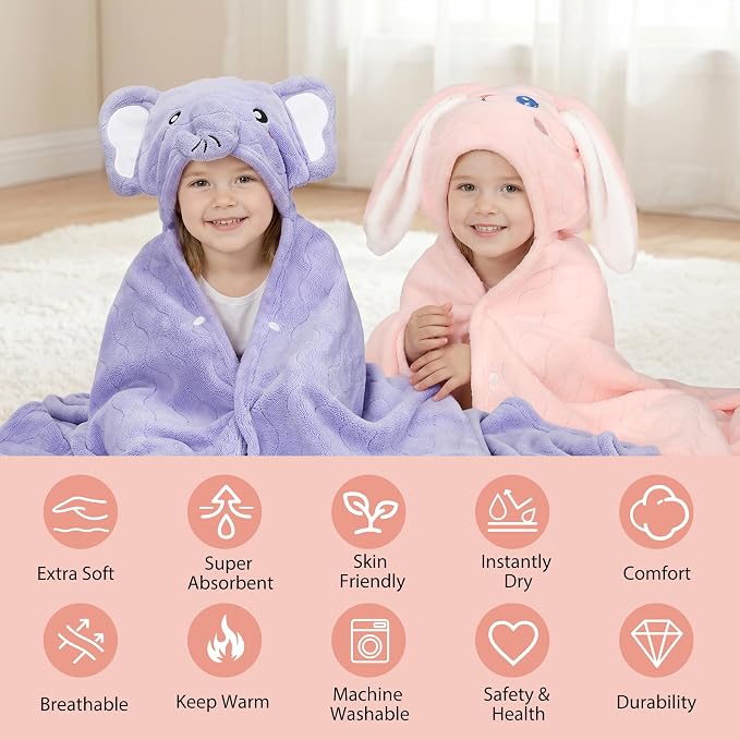 6 PCS Toddler Towels Set for Boy Girl 0-5 Year, 2 PCS Absorbent Hooded Baby Bath Towels Large 55" x 27.5" & 4 PCS Washcloths, Ultra Soft Toddler Newborn Bath Essentials Gifts, Rabbit & Elephant