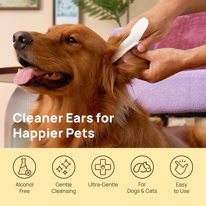 HICC PET Ear Cleaner Finger Wipes for Dogs & Cats, Clean Wax, Dirt & Odor, Soothing Itchy Ears, Gentle and Hypoallergenic Ear Cleaning Wipes for Daily Care-100ct(Honey Scent)